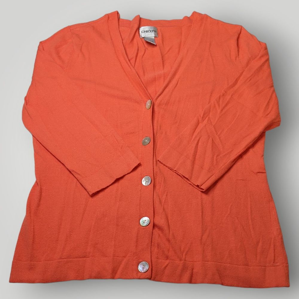 Chico's Women's 2 ORANGE Button Up 3/4 Sleeve Rayon Blend Cardigan Sweater